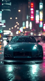 Street-tuned sports car under neon rain in urban nightscape.