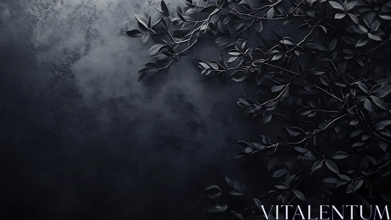 Dark botanical branches on textured stone background surface.