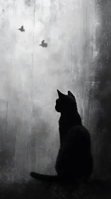 Black Cat Watching Birds Through Weathered Wall