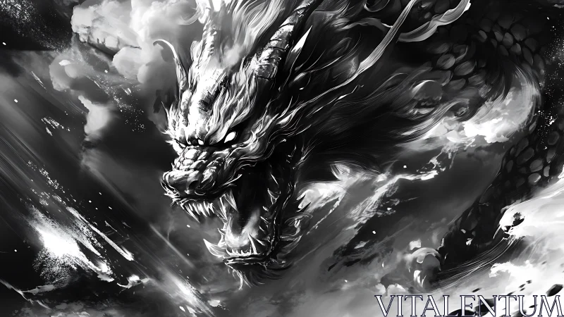 Stormborn dragon roaring through swirling monochrome skies.