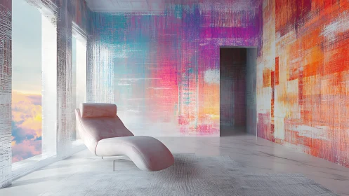 Minimalist chaise lounge in iridescent gradient interior chamber