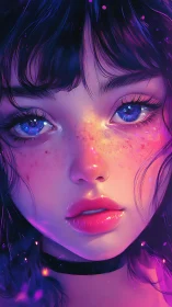 Neon lit portrait shows girl with cosmic violet blue eyes
