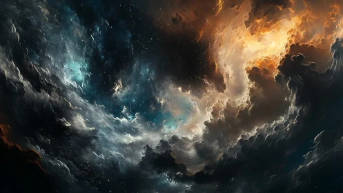 Stormlit cosmos swirling between fire and shadow.