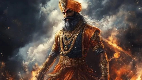 Warrior monarch in fiery storm with ornate golden armor.