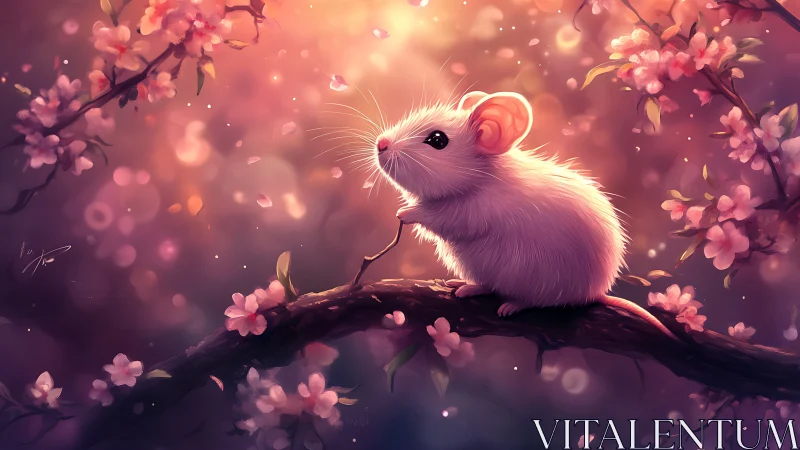 Blush pink mouse rests on blossom branch at sunset glow.