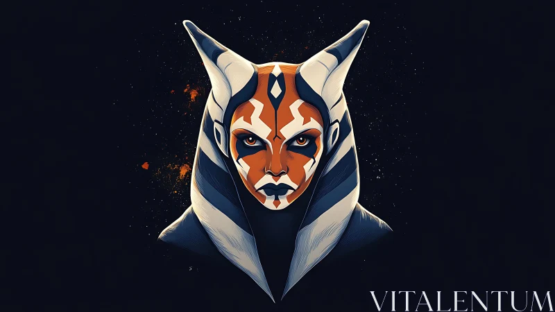 Symmetric alien portrait with graphic chiaroscuro rendering.