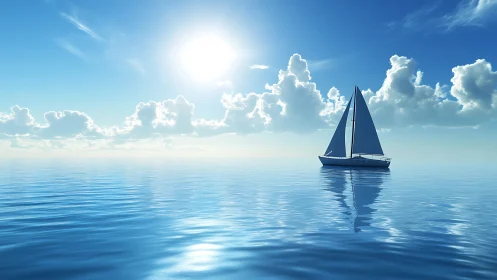 Single sailboat moves across calm reflective ocean surface