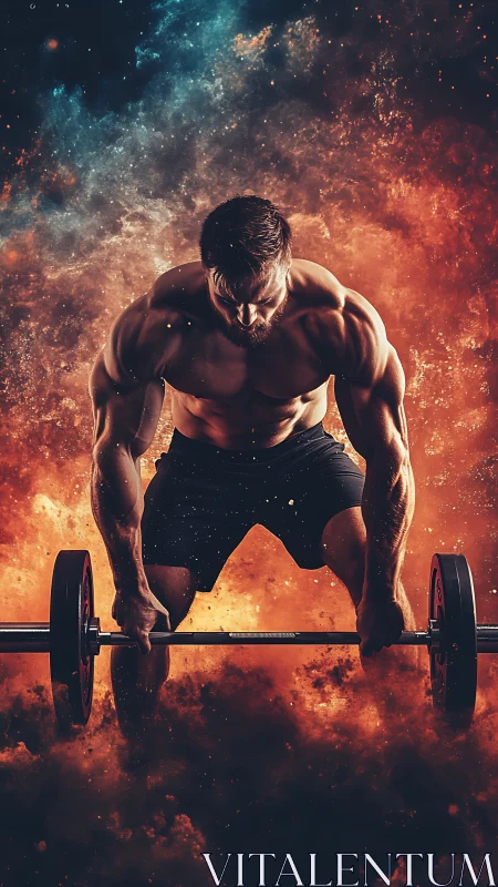 Muscular male athlete lifting barbell with cosmic backdrop.