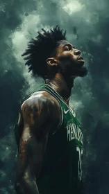 Powerful basketball portrait rises from stormy green haze