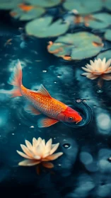 Vibrant koi glides through dark pond among soft lilies.