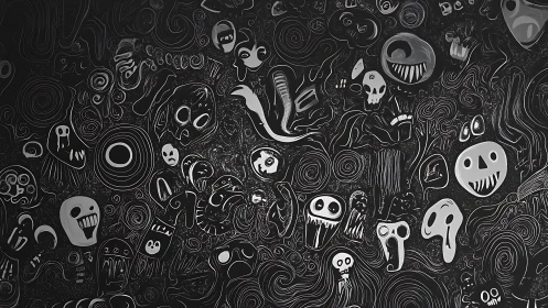 Whirling monochrome ghosts in chaotic abstract swarm.