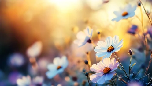Blue cosmos daisies bathed in golden warm sunlight