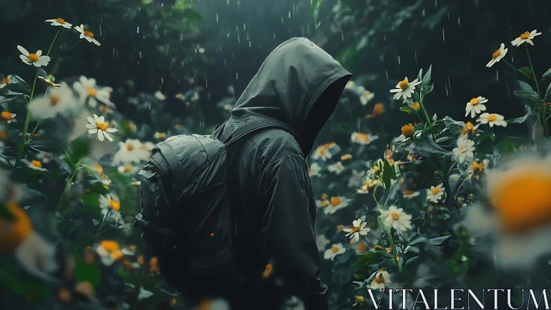 Hooded figure traversing rain-soaked daisy undergrowth at dusk.