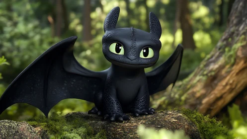 Tiny forest dragon waits wide-eyed on a mossy throne