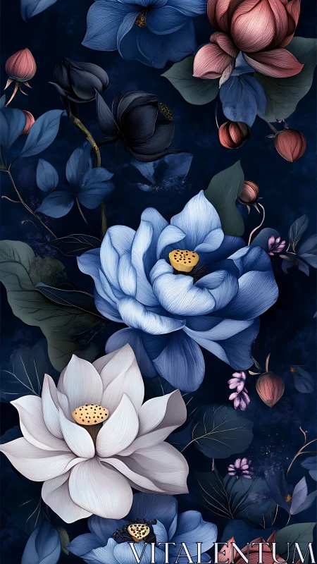 Blue and white lotus flowers with pink buds against dark navy background