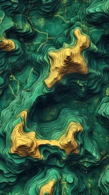 Layered teal terrain flows around glowing golden peaks