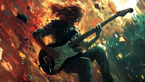 Electric guitarist amid kinetic abstraction and chromatic turbulence.