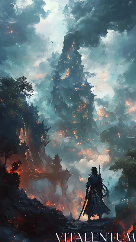 Warrior overlooks burning mountain citadel in stormlight.