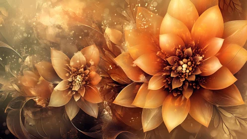 Molten amber blossoms drift through a cosmic dusk garden