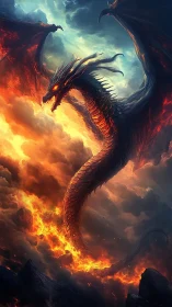 Infernal dragon erupts through stormlit sky in blazing fire.
