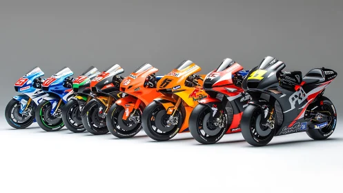 Racing superbikes stand aligned in glossy studio lighting