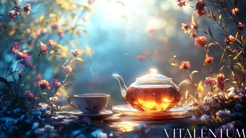 Sunlit glass teapot glows amid dreamy floral garden.