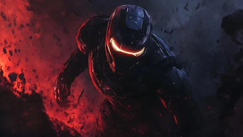 Armored combat exosuit emerges through burning debris field in motion