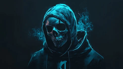 Neon skull reaper in hooded sweatshirt emerges from smoke.