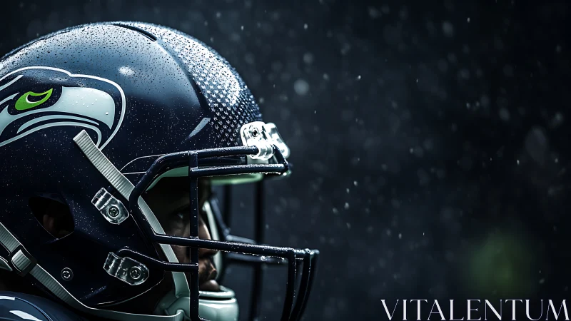 Rain-soaked gridiron helmet under directional stadium lighting.
