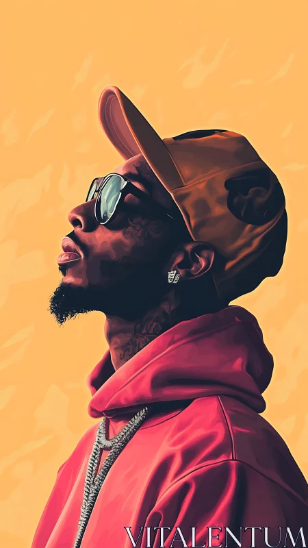 Sunlit street poet in coral hoodie and molten gold cap.