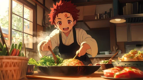 Anime chef boy stirs sizzling vegetable wok at sunrise.