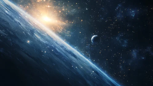 Earth horizon in deep space with sunrise and distant moon.