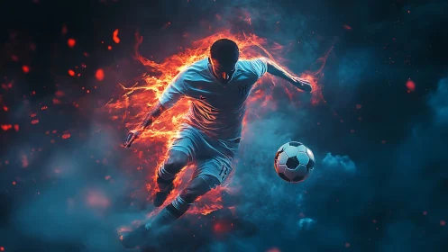 Fiery soccer striker leaping through smoky neon void.