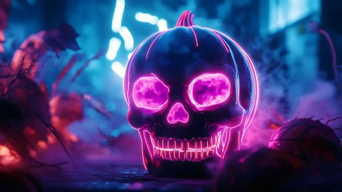 Neon skull pumpkin under eerie cyberpunk Halloween glow.
