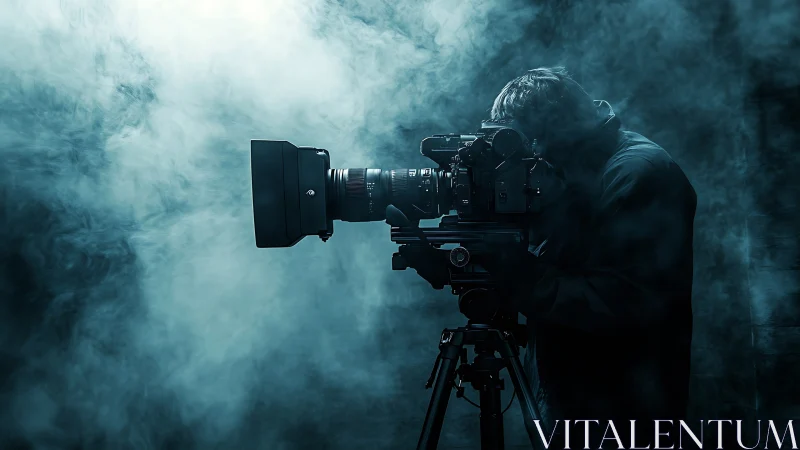 Cinematographer operating large camera in dense studio smoke.