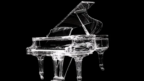 Transparent grand piano blueprint glows in stark black space