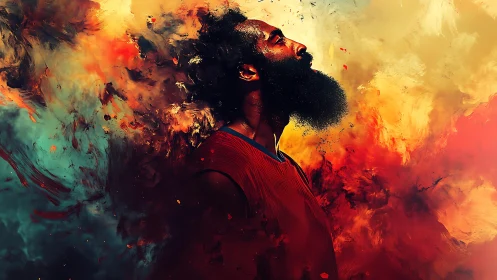 Profile portrait of athlete dissolving into high-energy color plumes