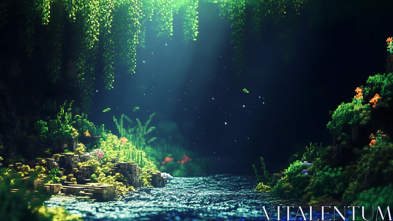 Voxel river cave under soft light with dense hanging vines.