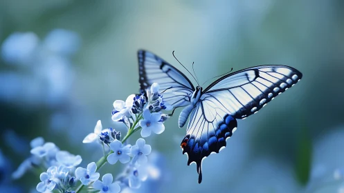 Gentle blue butterfly resting softly among spring blossoms.