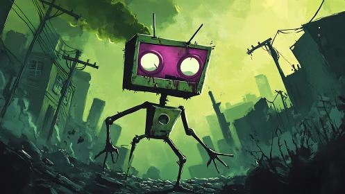 Box headed wasteland robot stomps through toxic neon dusk.