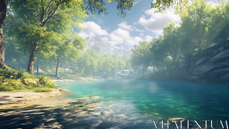 High-fidelity river valley render with volumetric light scattering