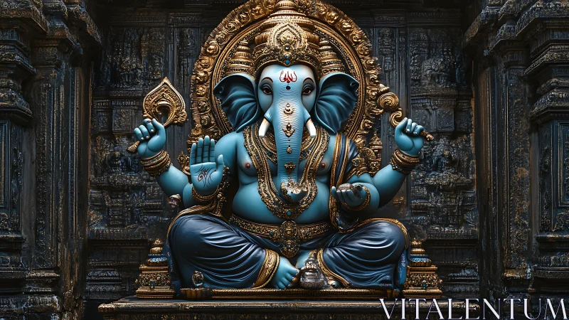 Serene blue Ganesh idol amid ornate golden temple carvings.
