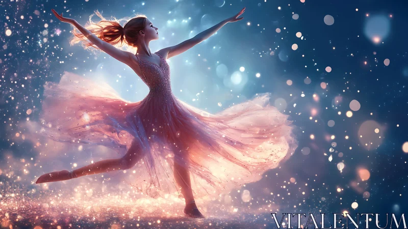 Female ballet dancer in pink dress amid particle lights.