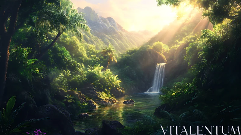 Illuminated tropical gorge with cascading waterfall and vegetation.