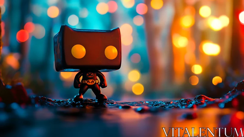 Miniature vinyl bat-hero figurine in neon forest bokeh scene