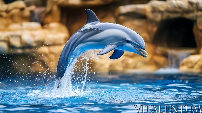 Bottlenose dolphin arcs above vivid pool with crisp splash