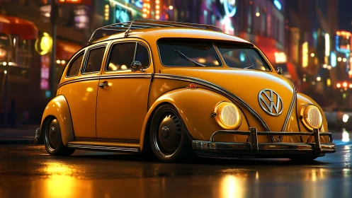Sunny vintage VW Beetle glowing on a lively city night.