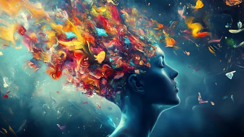 Profile of human head with vivid abstract colors erupting