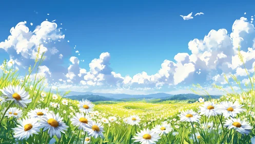 Daisy meadow under bright blue sky with tall white clouds.