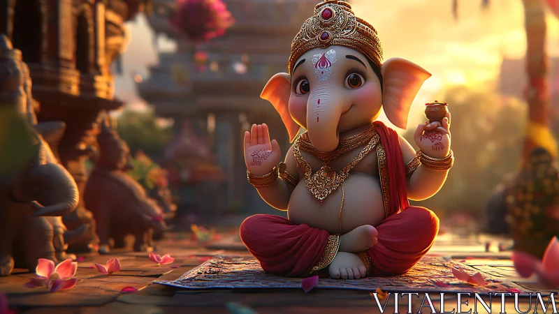 Playful baby Ganesha blessing petals and golden twilight.